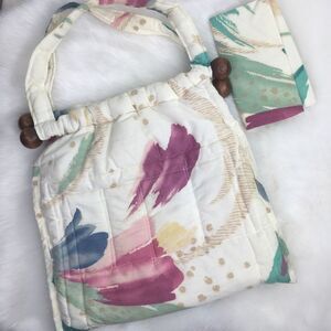 Vintage Quilted Pastel Watercolor Paint Style Wooden Dowel Handbag Purse